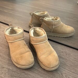 Well worn UGG ultra mini Boots in Sand